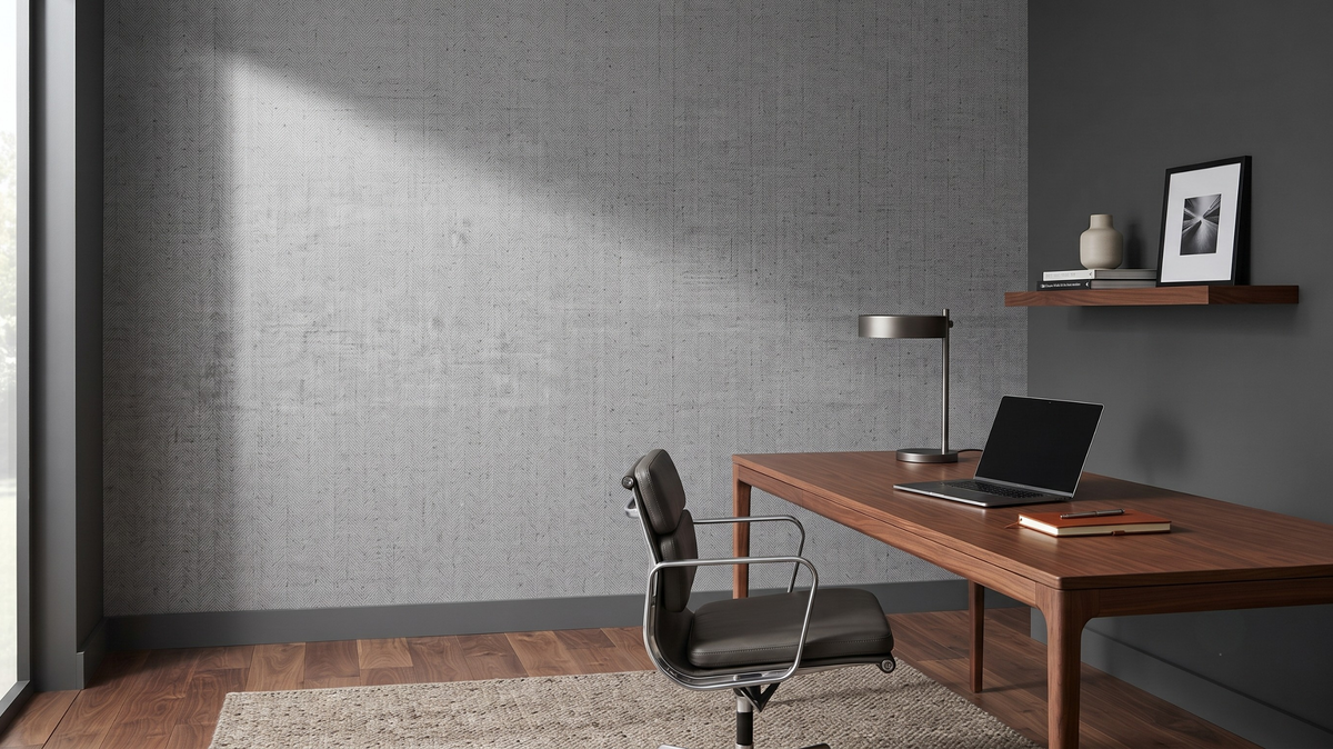 Textile-look wallpaper in a Singapore home office designed for softer room acoustics
