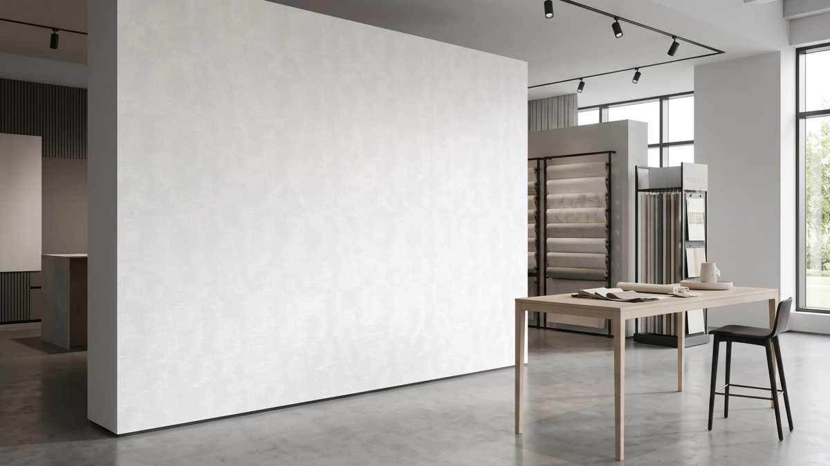 Wallpaper care symbols and material samples in a Singapore showroom