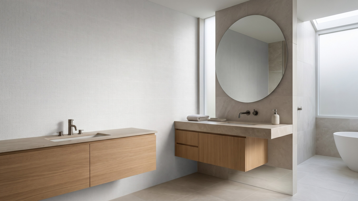 Bathroom wallpaper on a dry feature wall in a modern Singapore bathroom