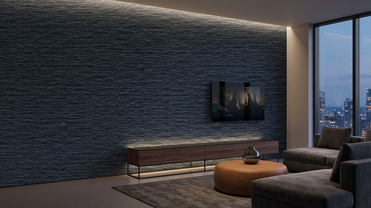 Black wallpaper Singapore with dark textured TV feature wall in a modern living room