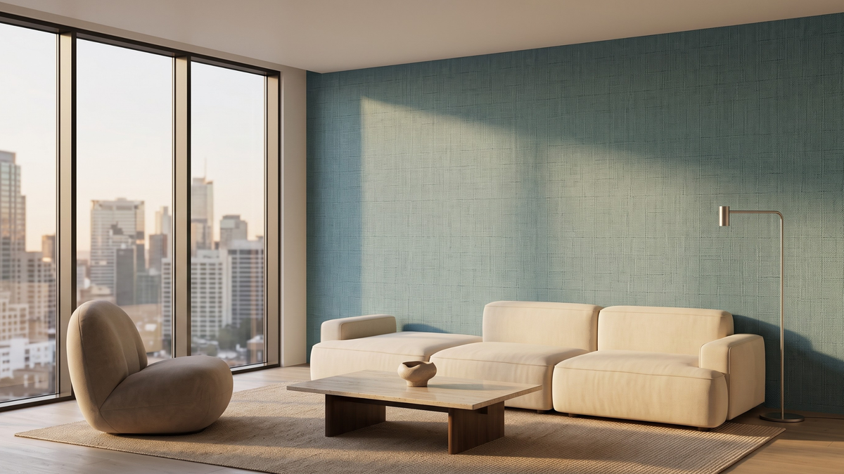 Blue wallpaper Singapore with muted blue texture in a contemporary condo living room