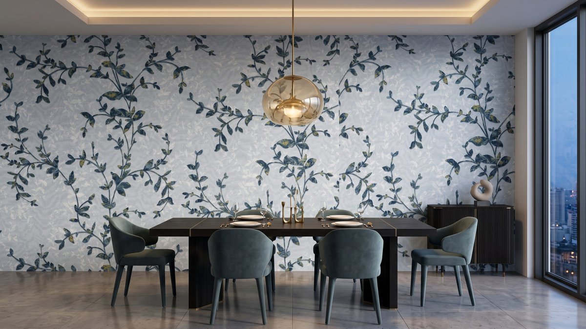 Botanical wallpaper Singapore with layered leaf pattern in a contemporary dining area