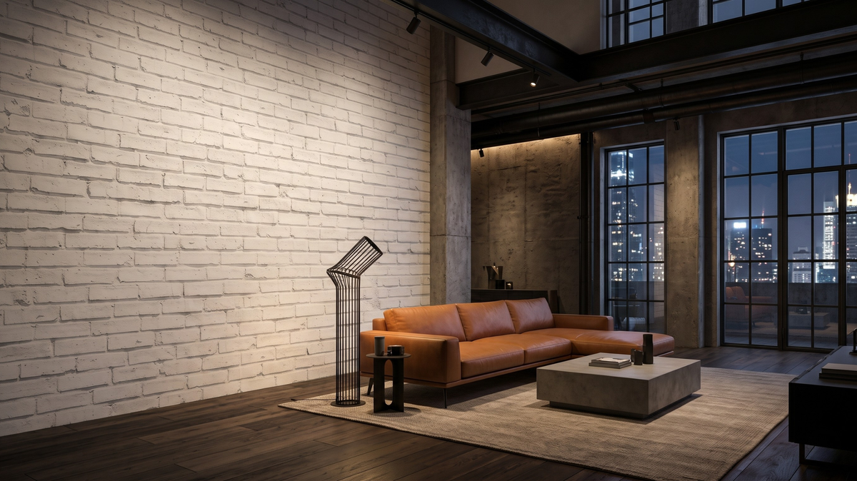 White brick-look wallpaper in a Singapore loft-style living room