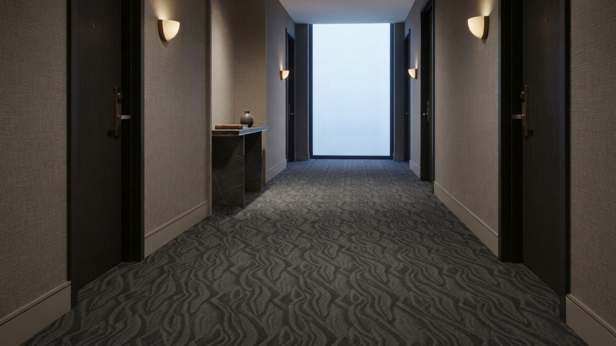 Broadloom carpet installation along a commercial corridor in Singapore