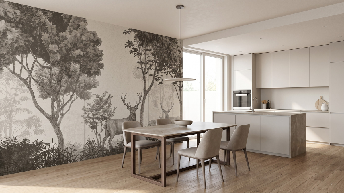 Wallpaper feature wall beside tiled surfaces in a Singapore dining area