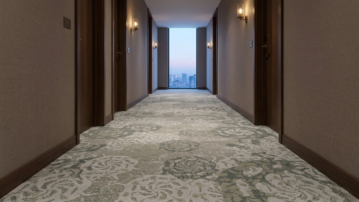 Fire-rated commercial carpet for a Singapore hotel corridor