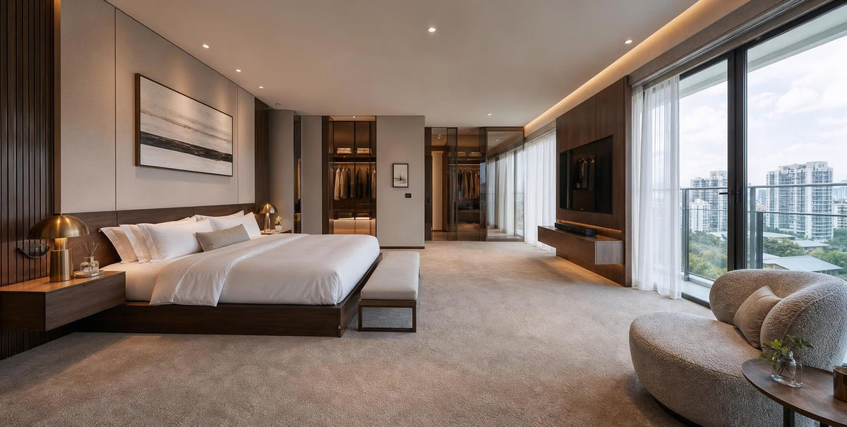Seamless luxury wall-to-wall plush cut-pile broadloom carpet in a Singapore bedroom