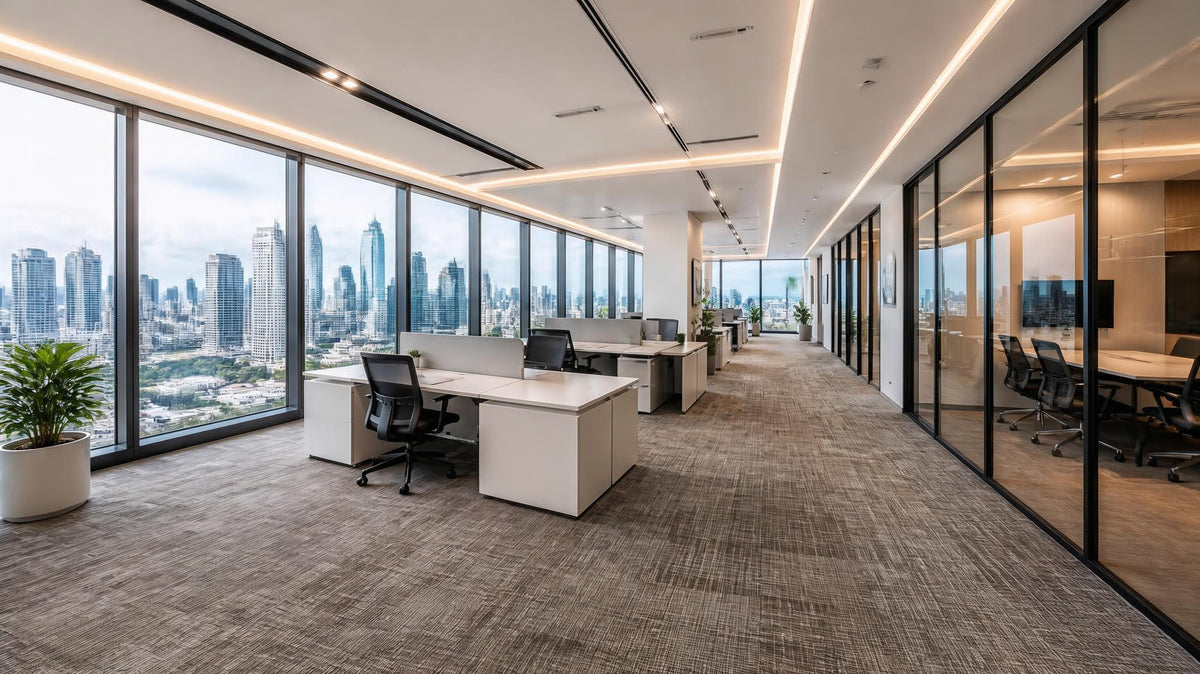 Clean modular carpet tiles in Singapore office