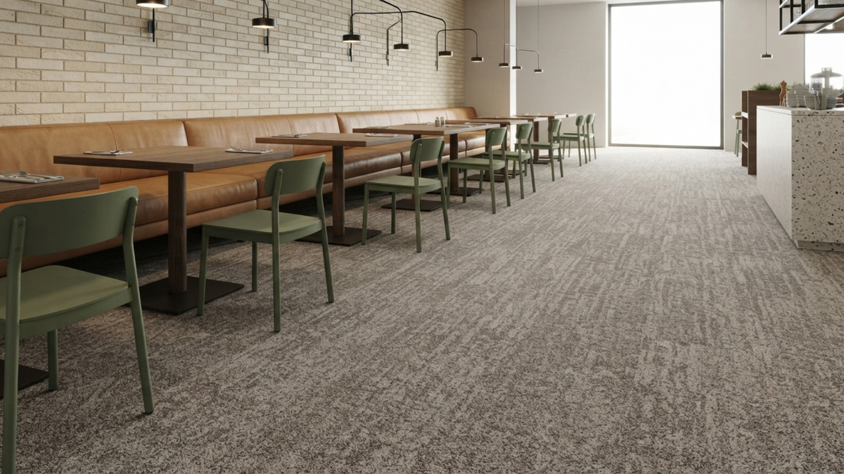 Solution-dyed carpet tiles for a restaurant dining area in Singapore