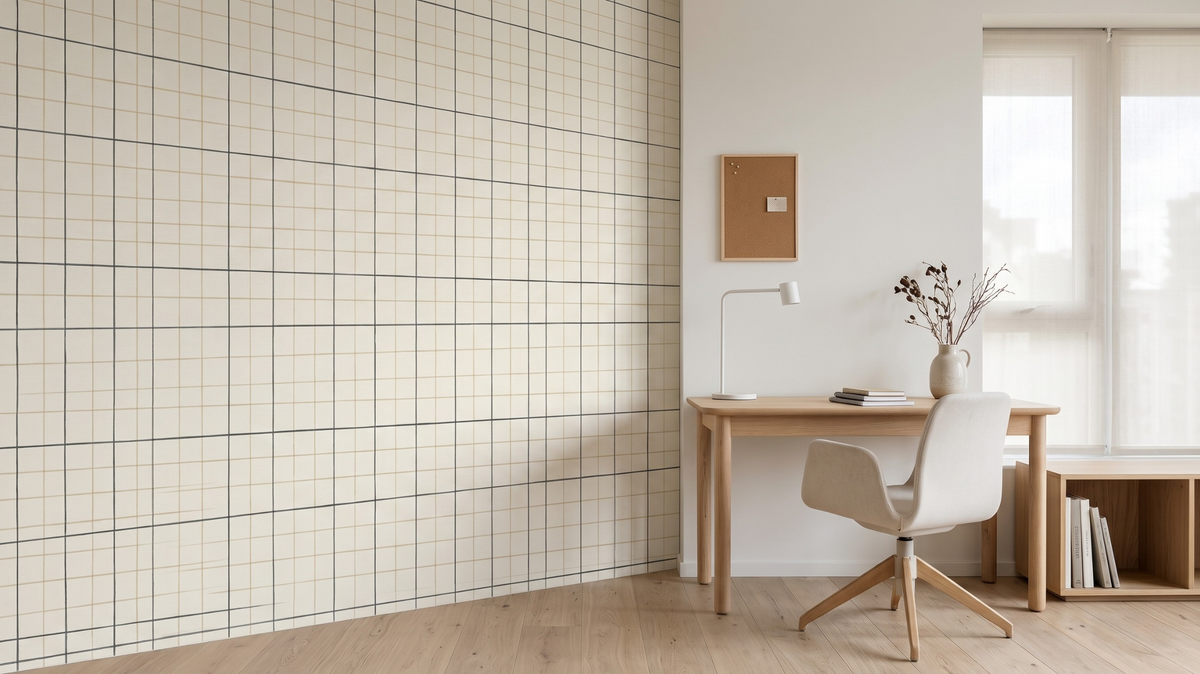 Soft beige checked wallpaper in a Scandinavian-style Singapore home office