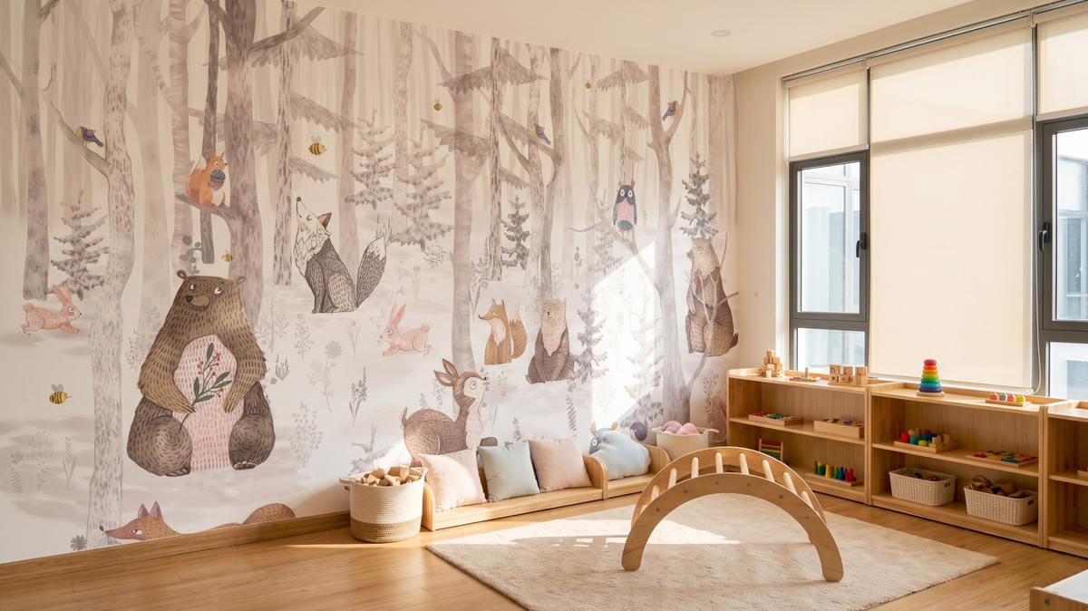Playful wallpaper in a Singapore childcare centre playroom
