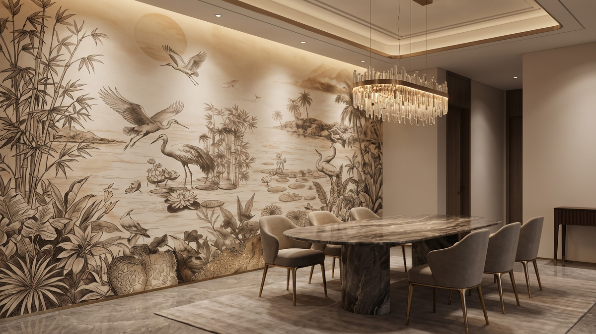 Contemporary chinoiserie wallpaper mural in an elegant Singapore dining room