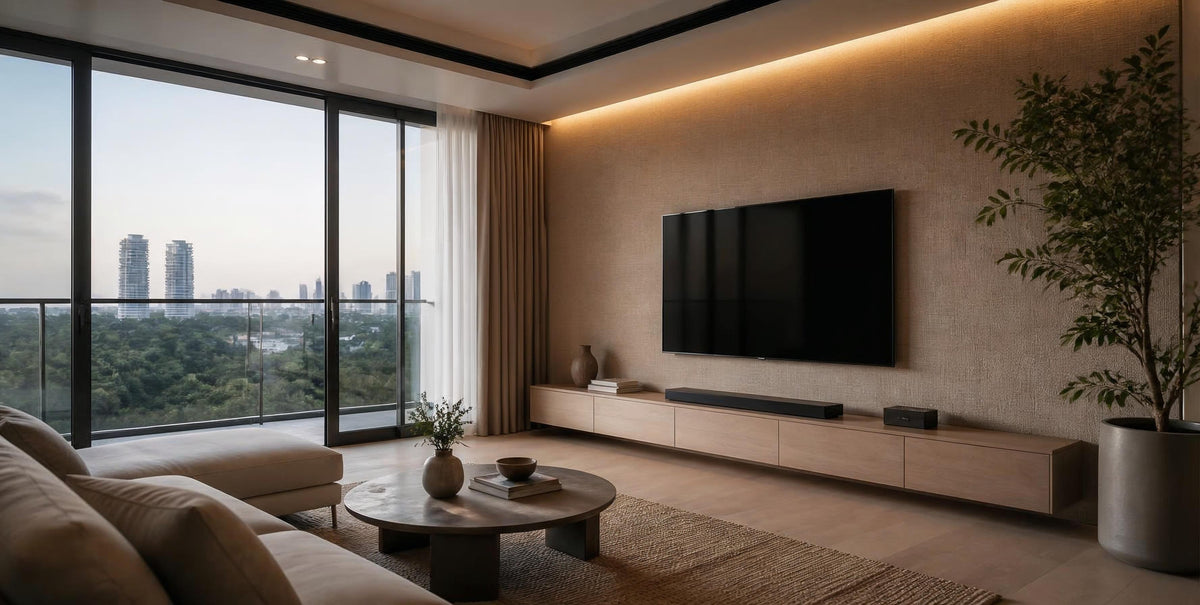 Textured wallpaper in a modern Singapore condo living room