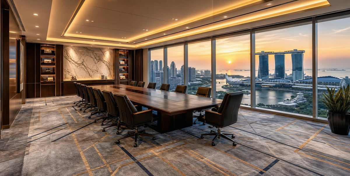Bespoke luxury custom hand-tufted carpet in a Singapore executive boardroom