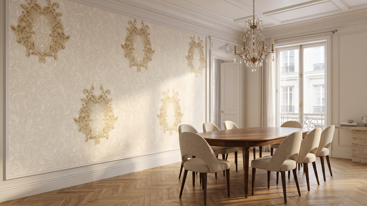 Classic cream-and-gold damask wallpaper in an elegant Singapore dining room