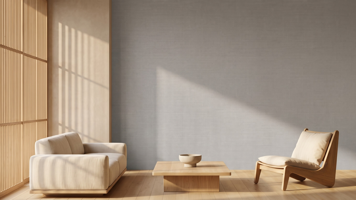 Woven-look wallpaper in a bright Singapore living room with natural wood furniture
