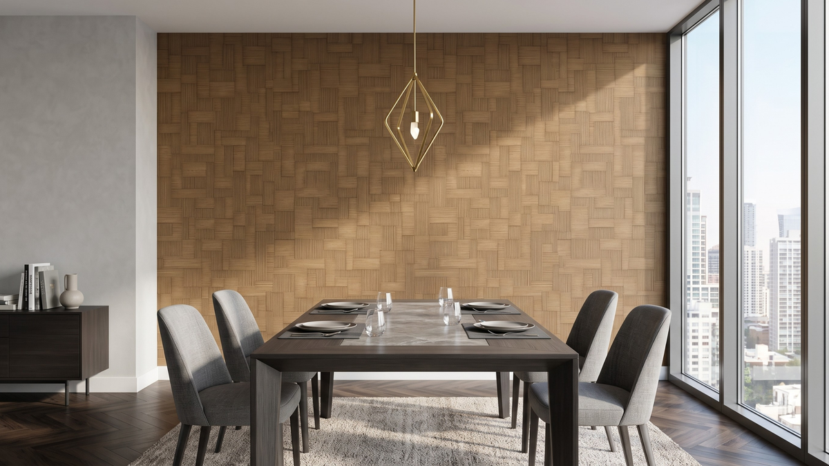 Textured geometric wallpaper in a warm modern Singapore dining interior