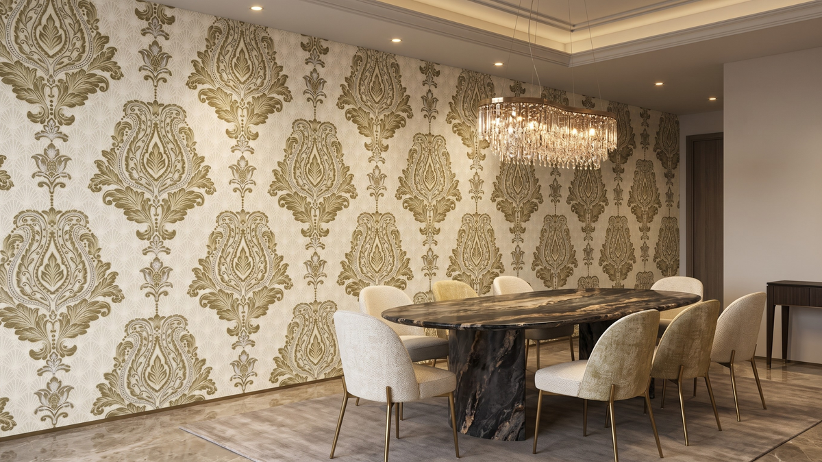 Gold damask wallpaper in an elegant Singapore luxury dining room