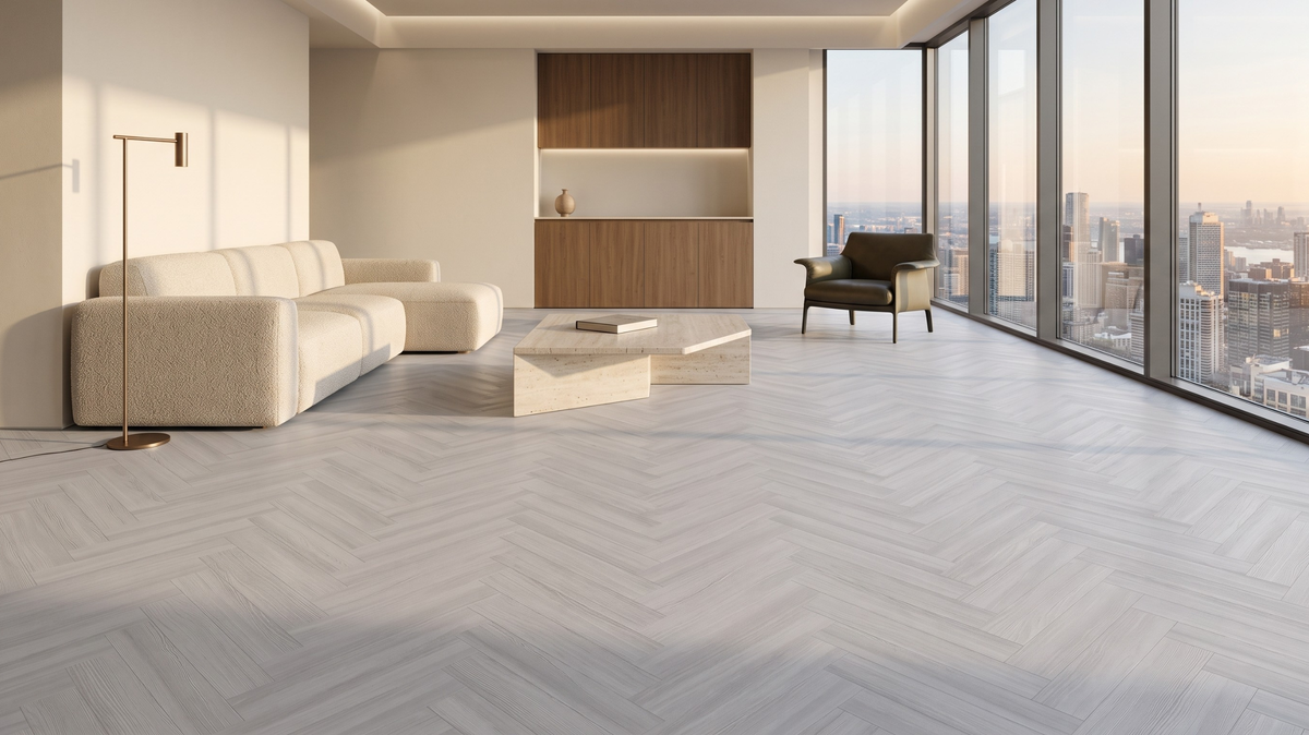 Herringbone vinyl flooring in a modern living room in Singapore