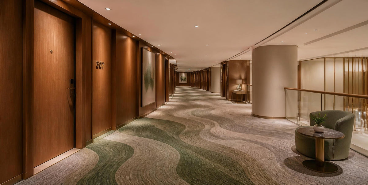 Hospitality broadloom carpet in Singapore hotel corridor