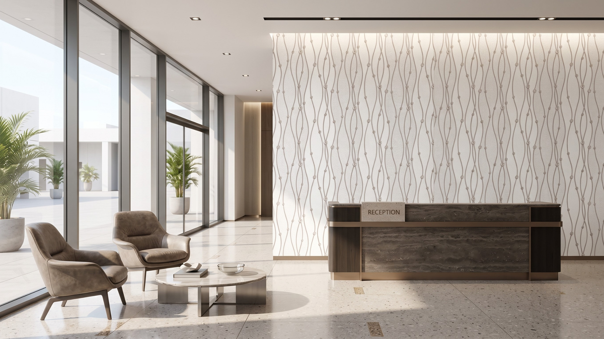 Hotel wallpaper Singapore with refined decorative pattern in a boutique hotel reception
