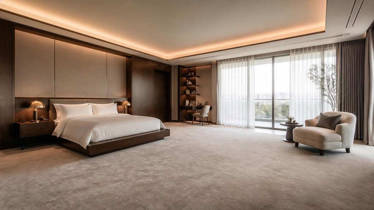 Seamless luxury New Zealand wool broadloom carpet in a Singapore penthouse master suite