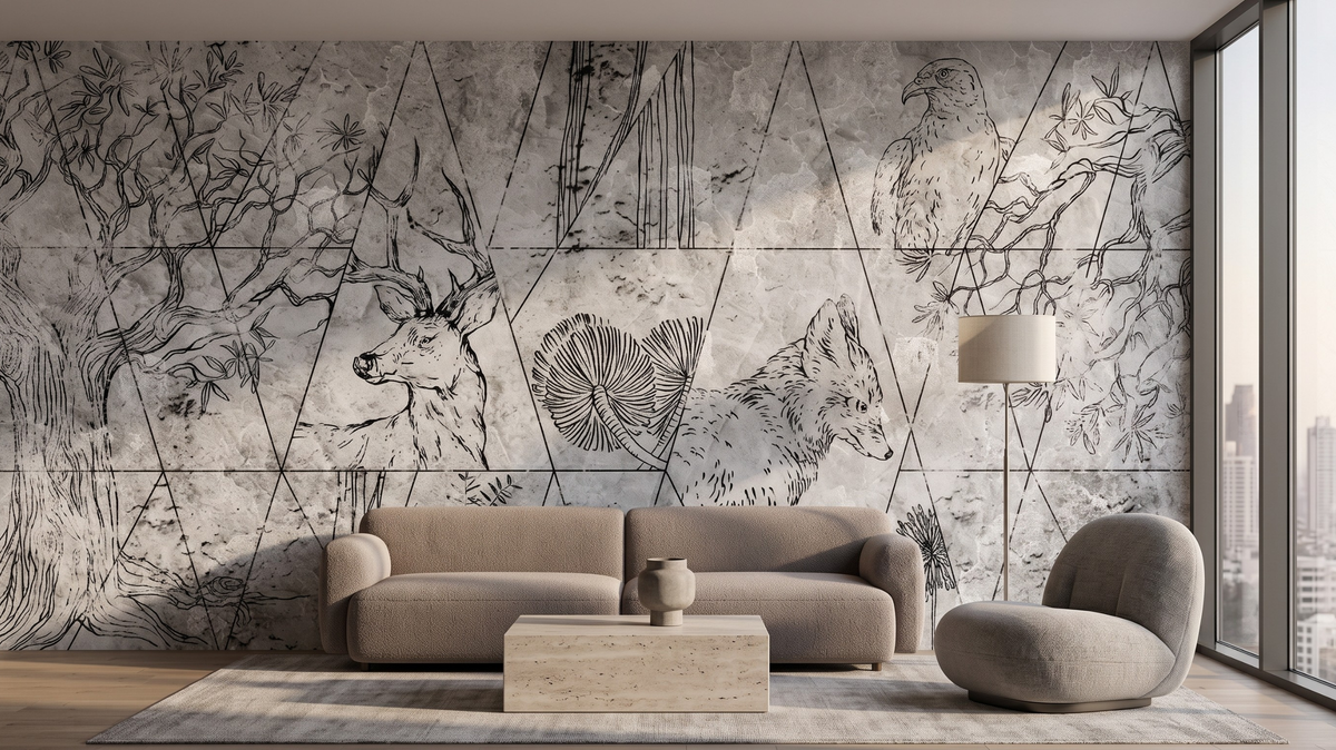 Mural wallpaper Singapore with large-scale artistic design in a contemporary living room