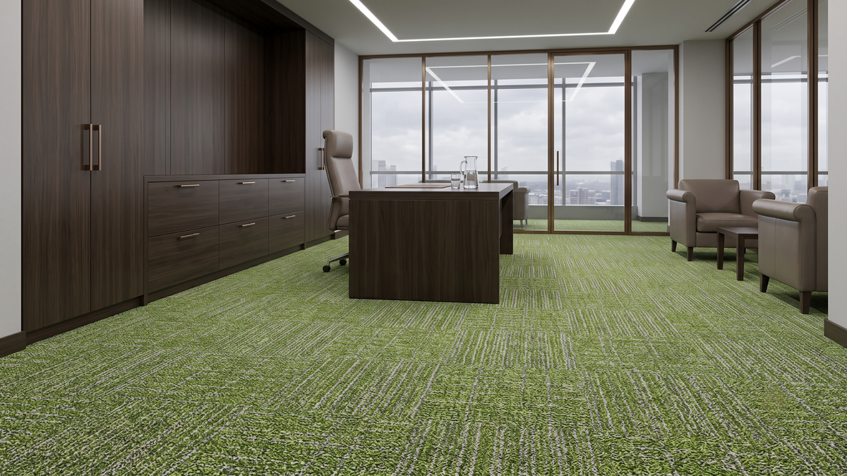 Commercial carpet tile in a busy Singapore office with rolling chairs