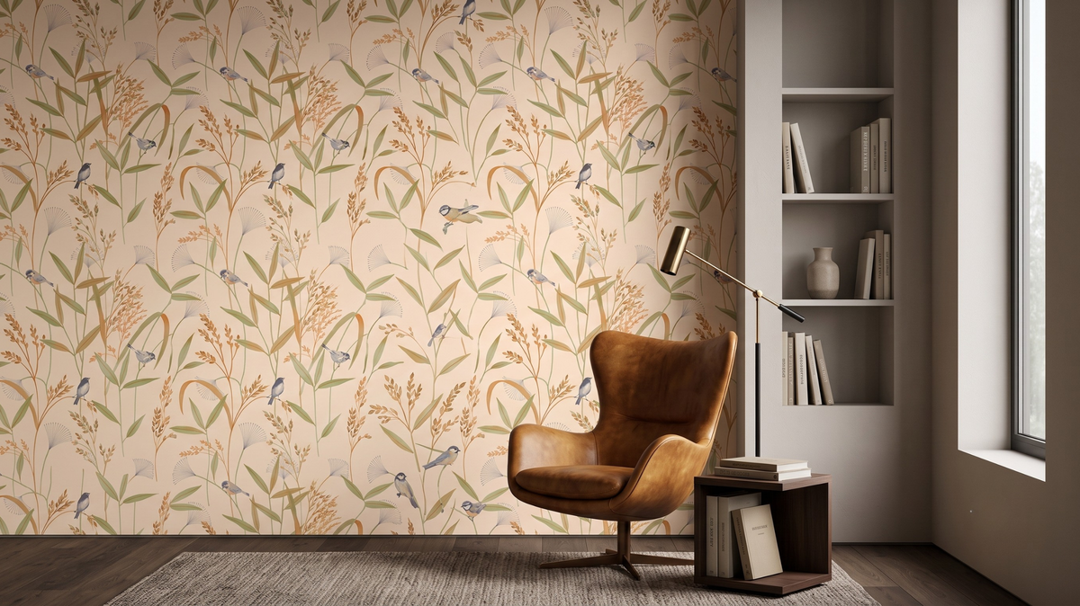 Botanical wallpaper in a warm Singapore home study with rattan furniture