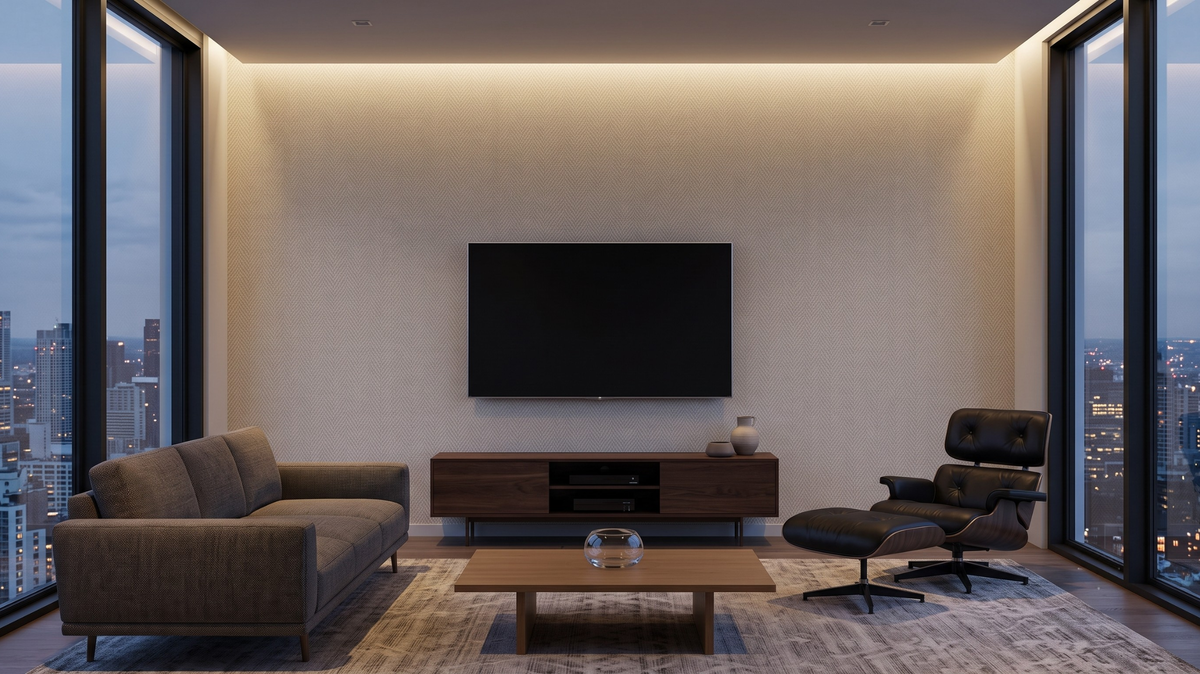Pastel color wallpaper feature wall in a Singapore TV area