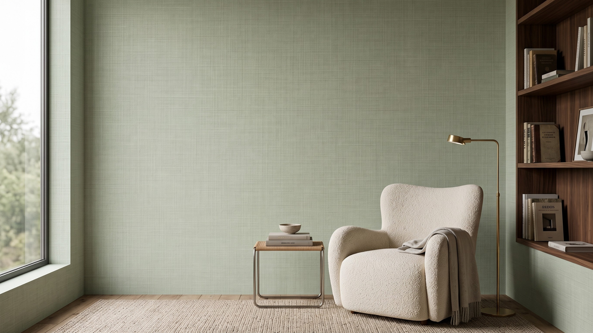 Pastel wallpaper in a calm modern Singapore living room with pale sage tones