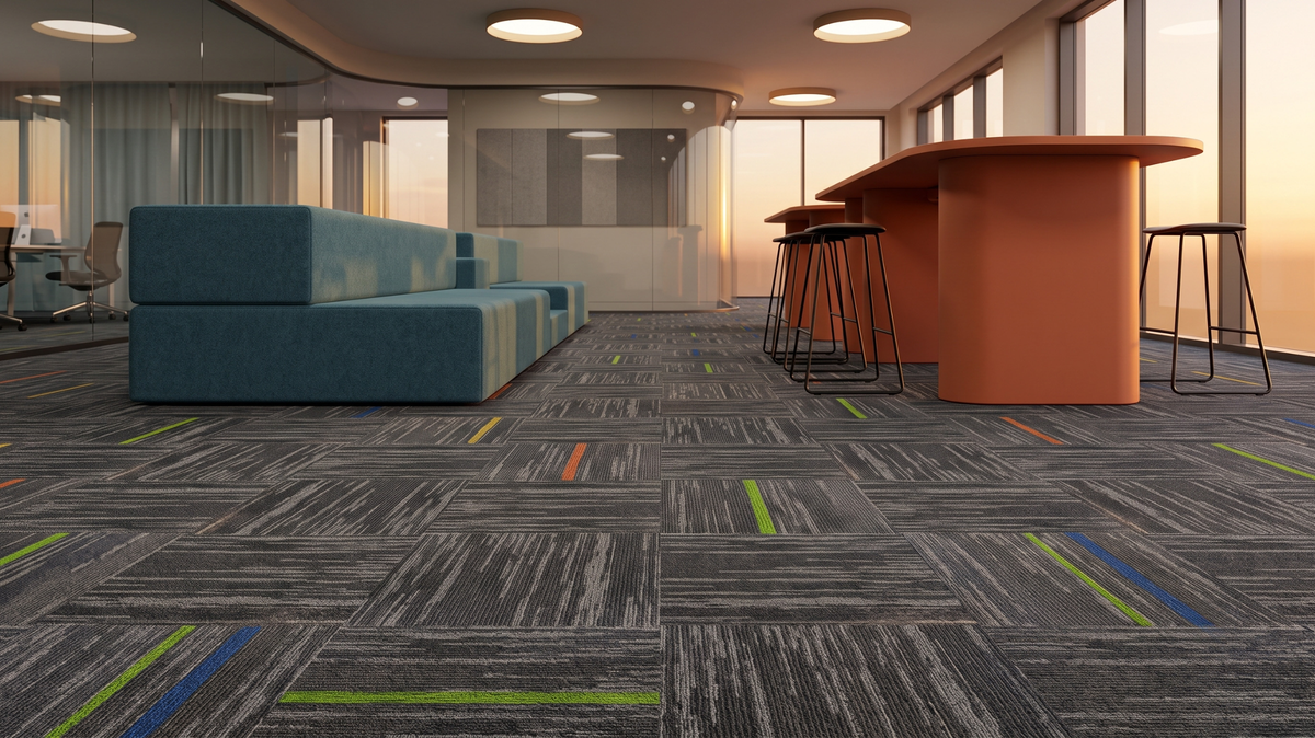 Patterned carpet tiles used for office zoning in Singapore