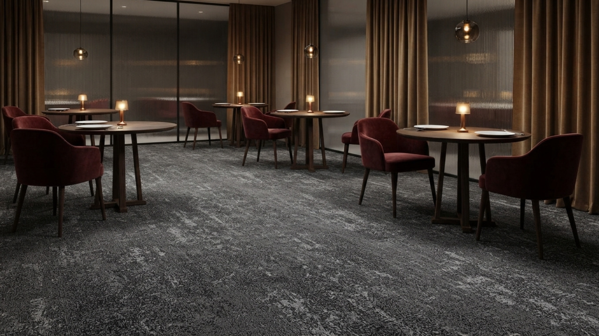 Patterned carpet tiles for a restaurant dining area in Singapore