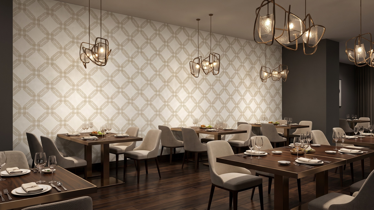 Restaurant wallpaper Singapore with elegant geometric pattern in a contemporary dining room