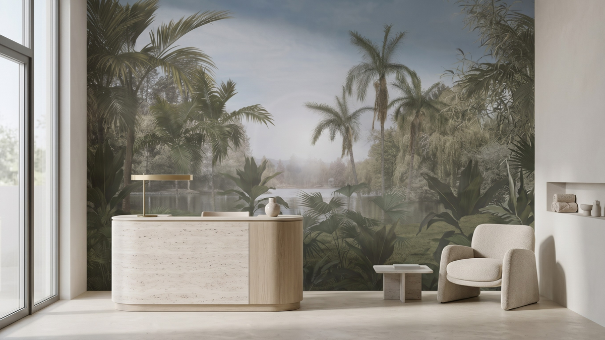 Premium salon and spa wallpaper in a relaxing reception area in Singapore