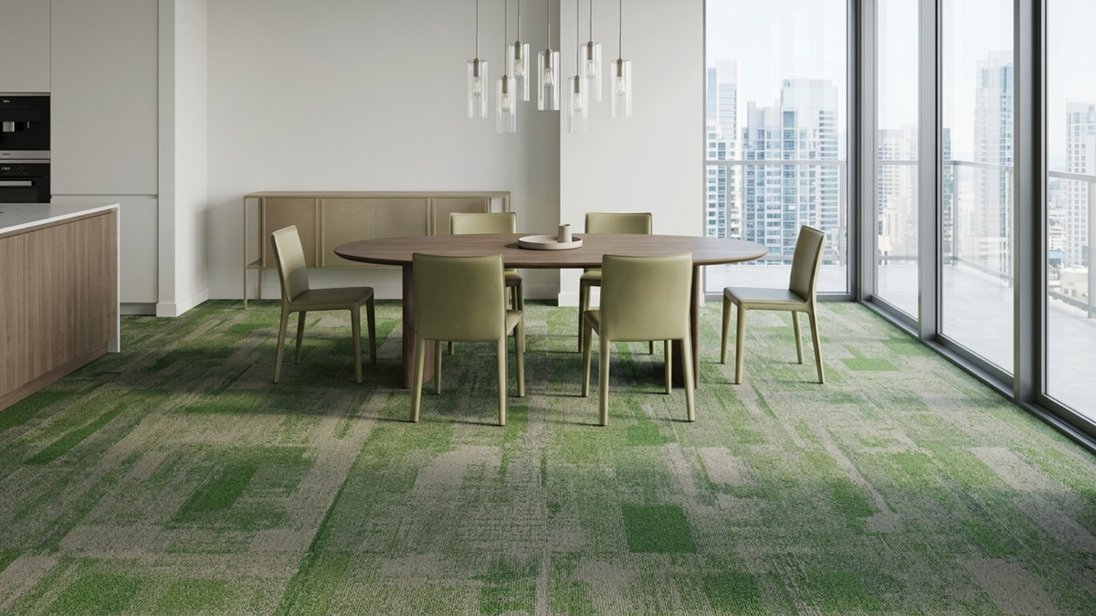 Modern furniture in a compact Singapore living room with MONLI carpet