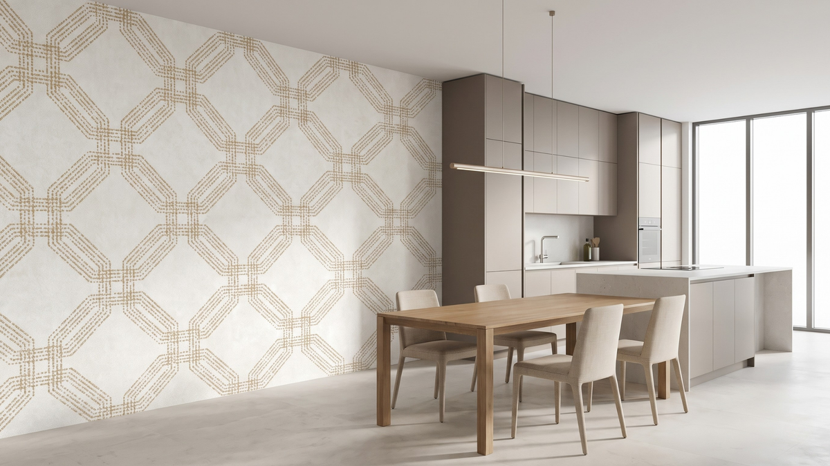 Repeating geometric wallpaper pattern across a Singapore condominium dining room wall