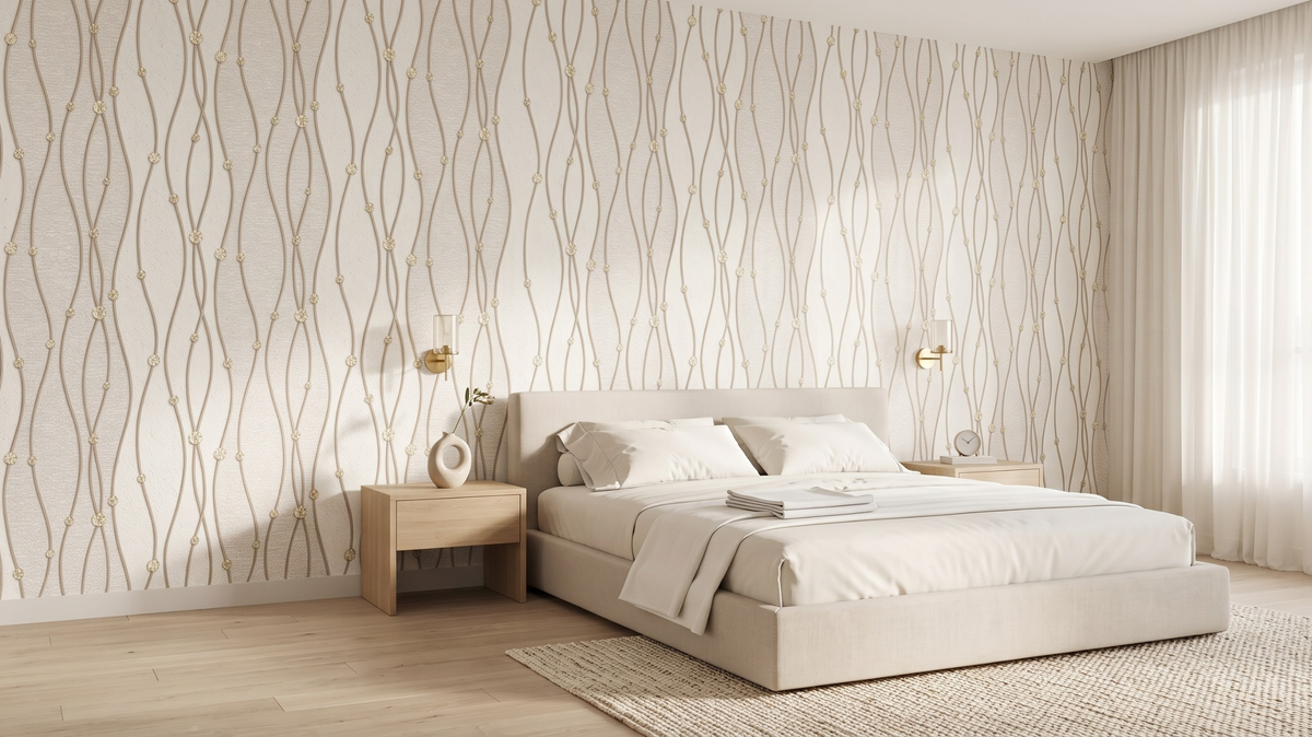 Striped wallpaper Singapore with soft vertical linear pattern in a modern bedroom