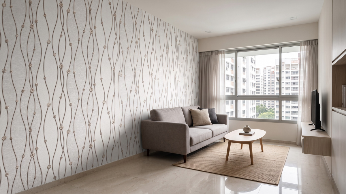 Minimal geometric wallpaper feature wall in a compact Singapore living room