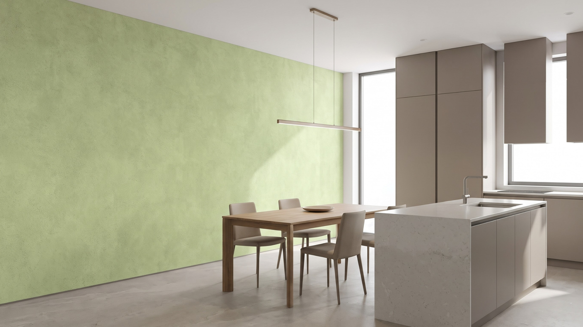 Neutral wallpaper in a modern Singapore dining area next to an open kitchen