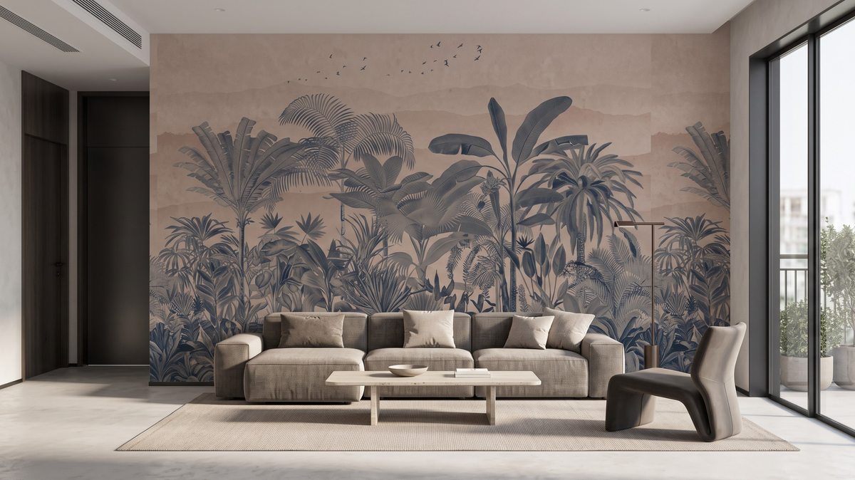 Decorative wallpaper wall covering in a modern Singapore living room