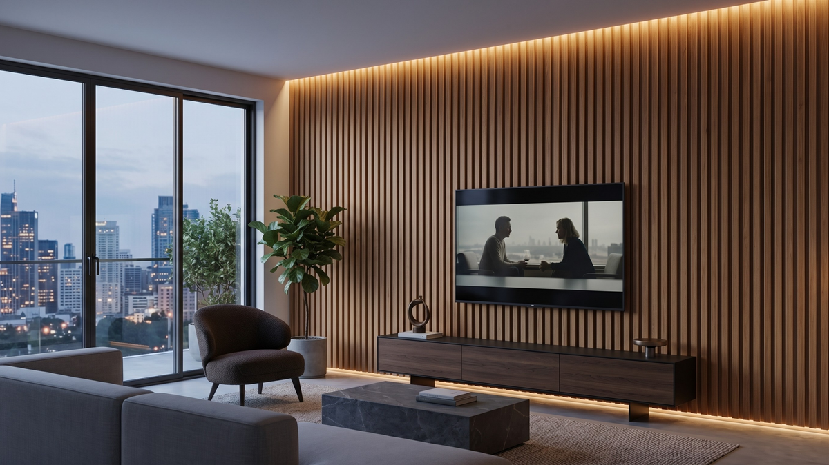Fluted wall panels in a modern Singapore living room