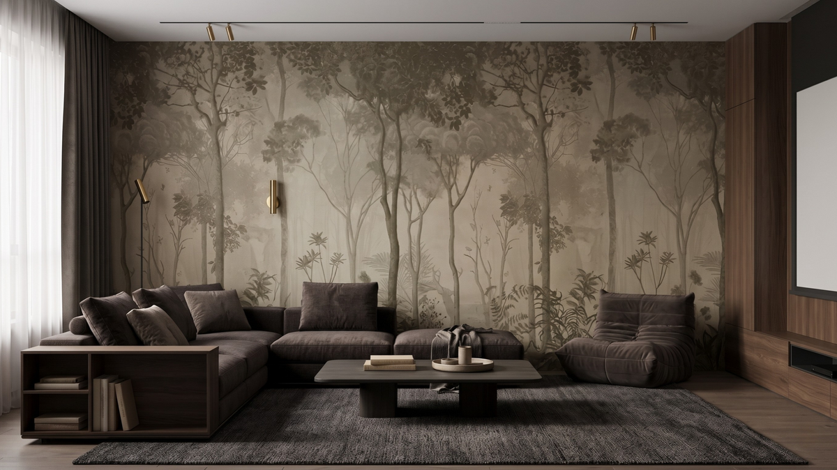 Atmospheric wallpaper in a softly lit media room in Singapore