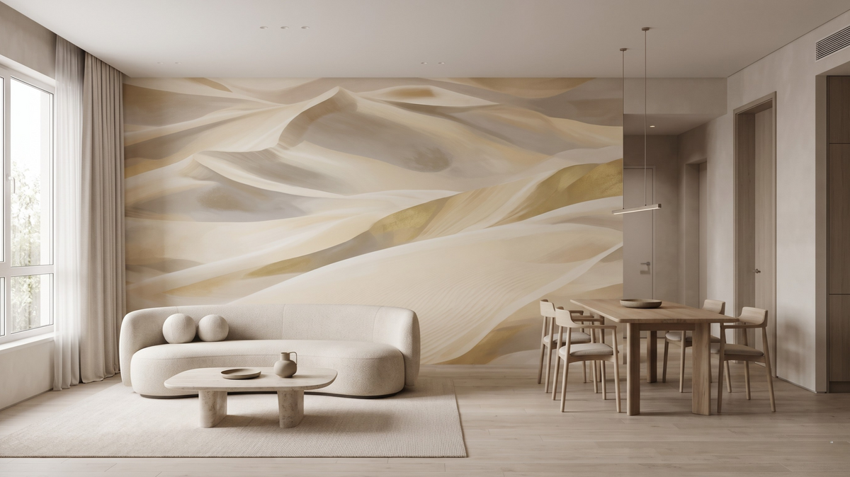 Contemporary mural wallpaper in an open-plan living and dining room in Singapore