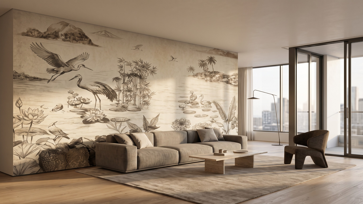 Finished wallpaper feature wall in a luxury Singapore living room