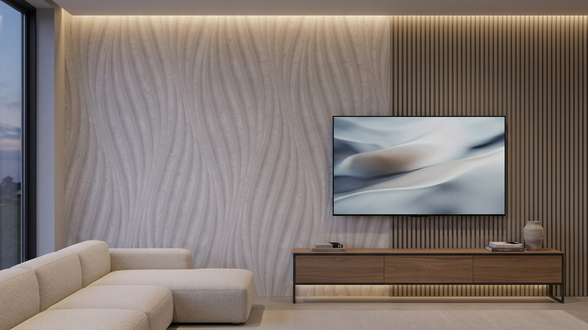 Wallpaper vs fluted panels Singapore on a modern TV feature wall