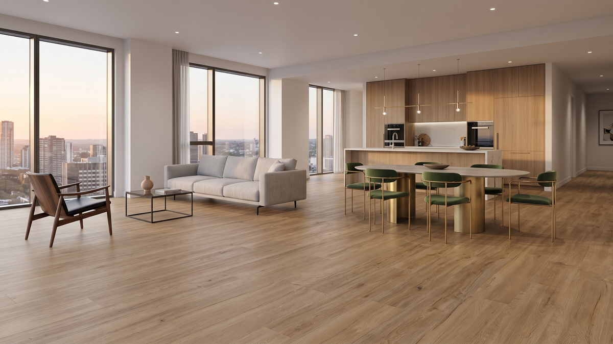 Continuous vinyl flooring throughout an open-plan home in Singapore