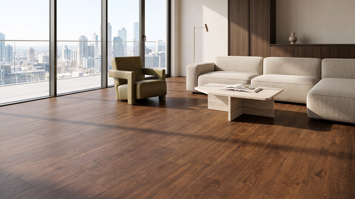 Wood-look vinyl flooring in a modern Singapore living room
