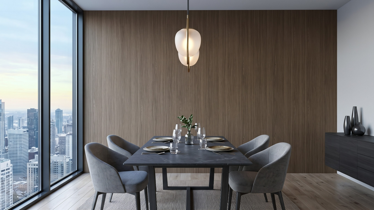 Warm wood wallpaper in a modern dining room in Singapore