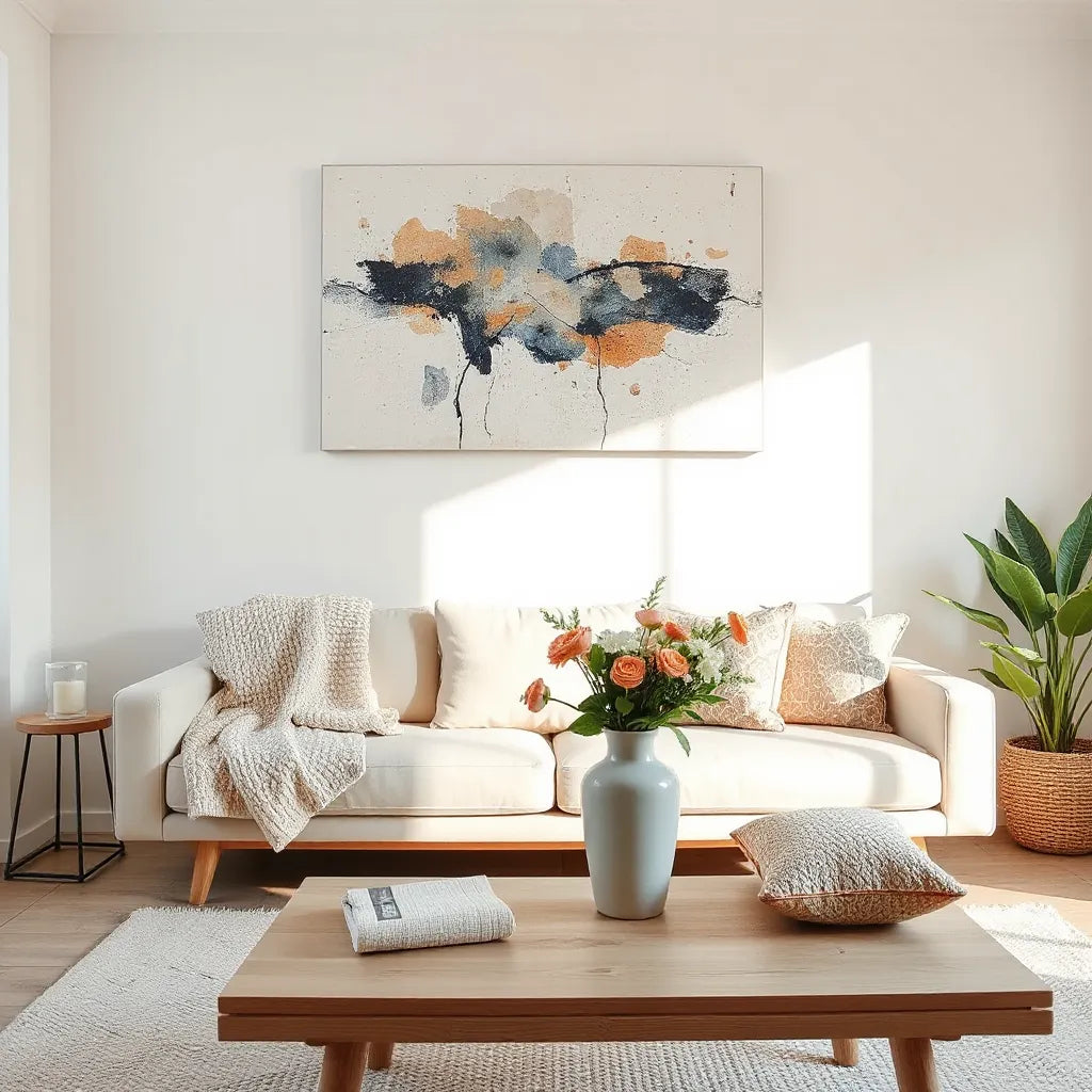 Bright living room with abstract wall art, textured textiles, and a styled side table with a vase